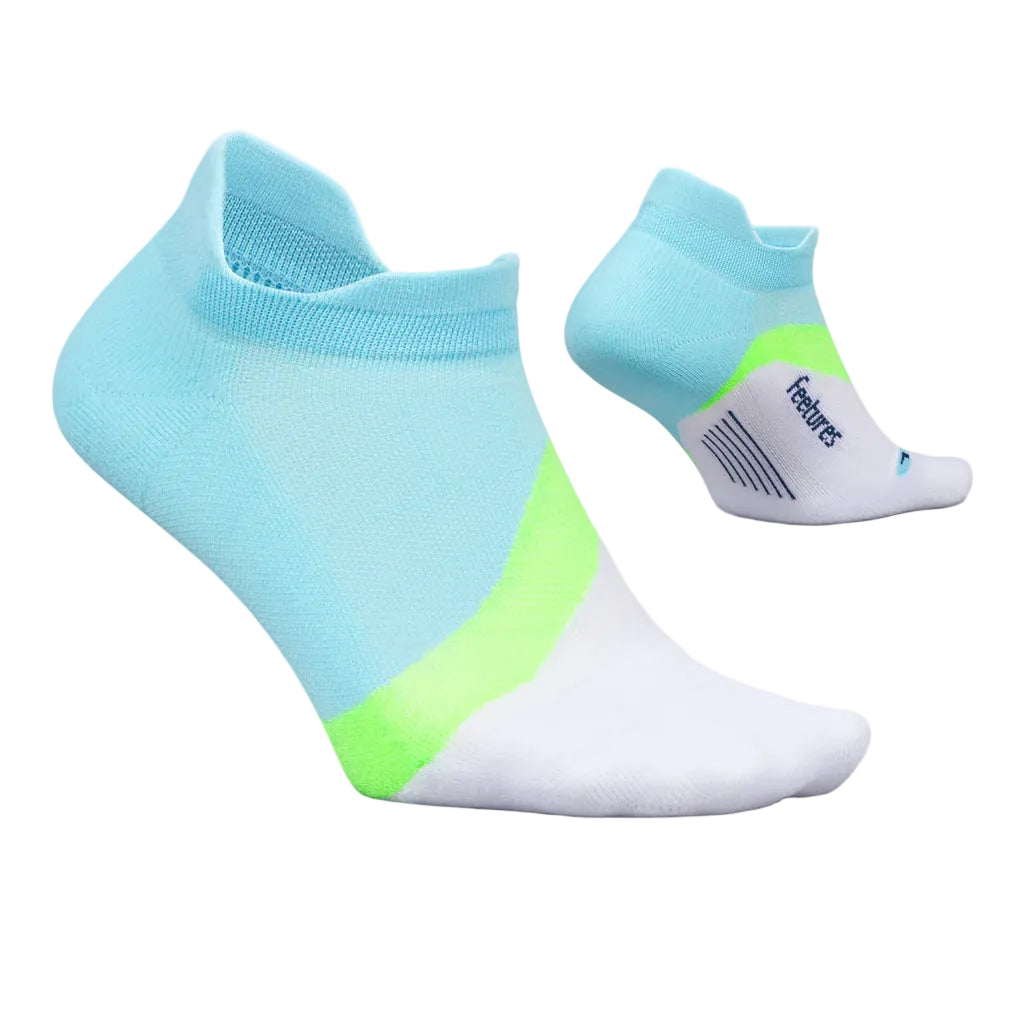 Light blue and white socks with green accents on a white background