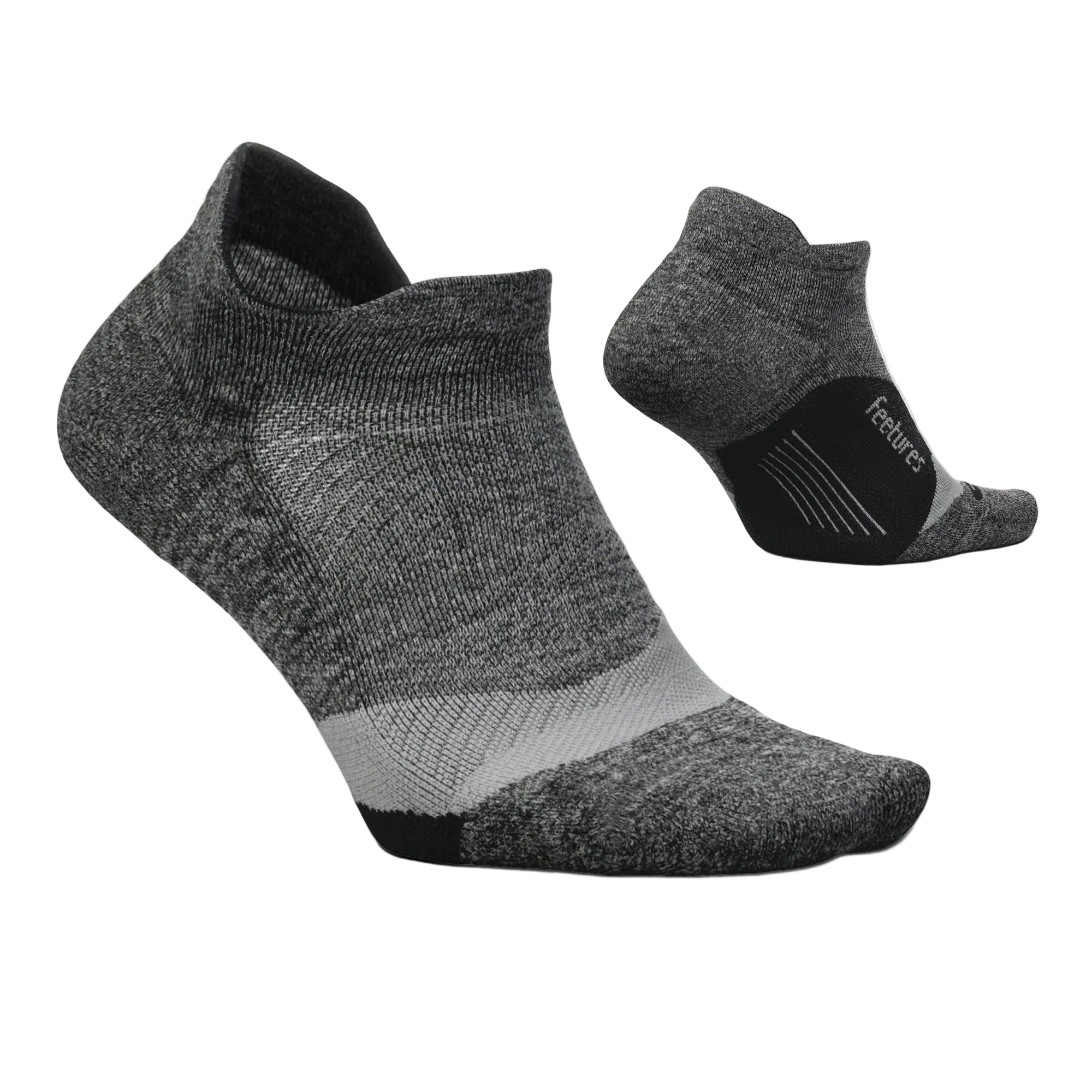 Gray ankle socks with a visible brand logo on a white background