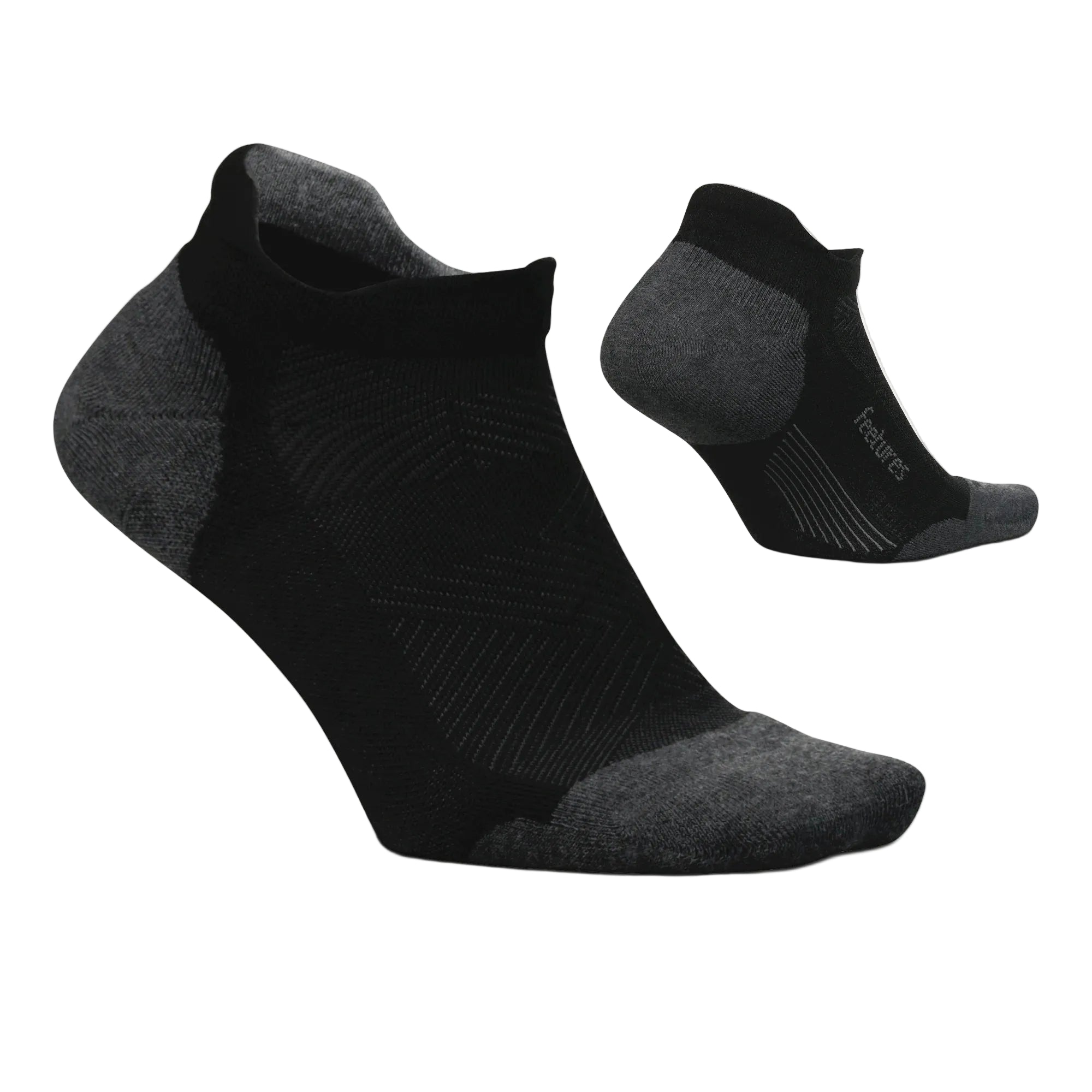Black ankle socks with gray toes on a white background, featuring 'Fuscare' branding.