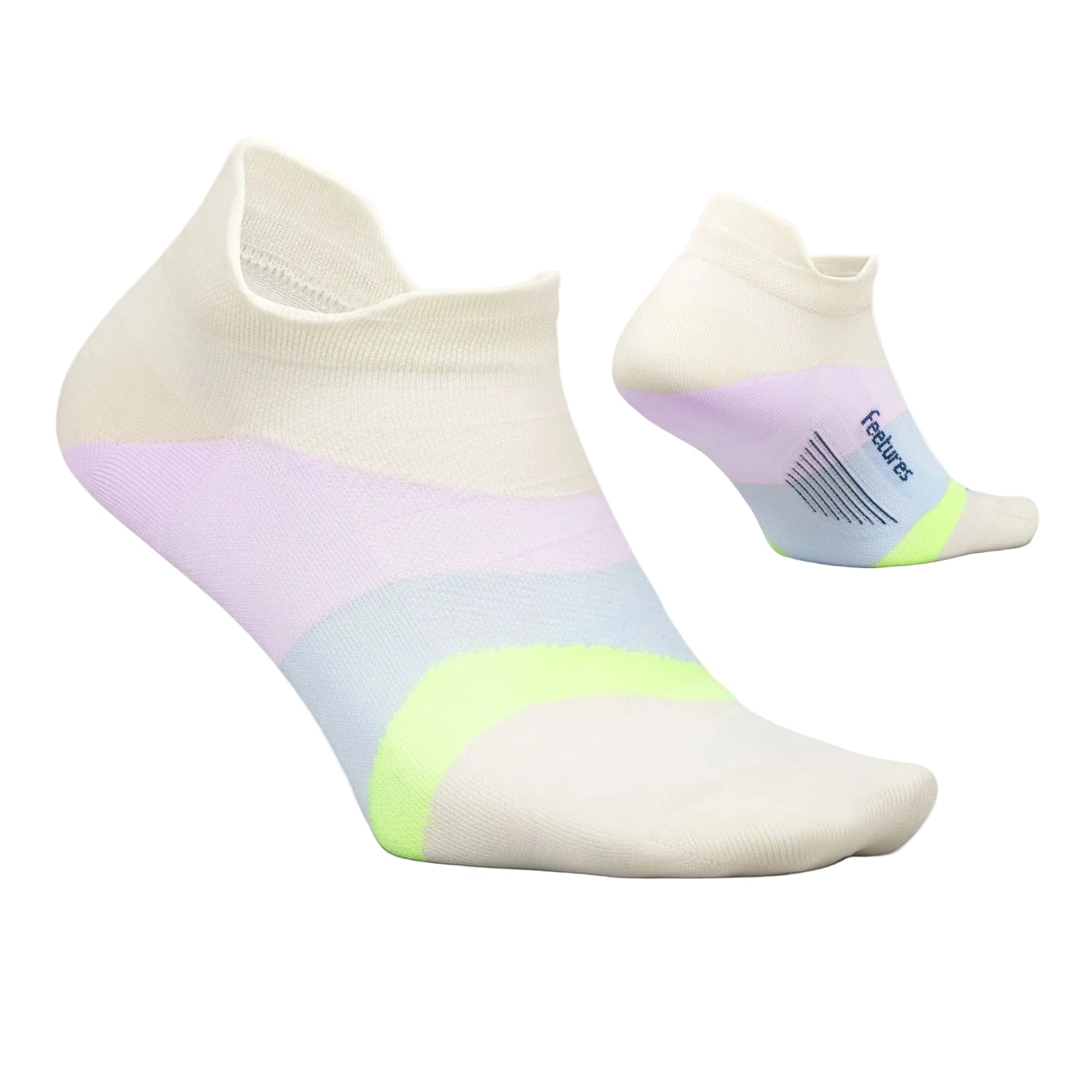 Pair of white ankle socks with pastel gradient soles on a light gray background