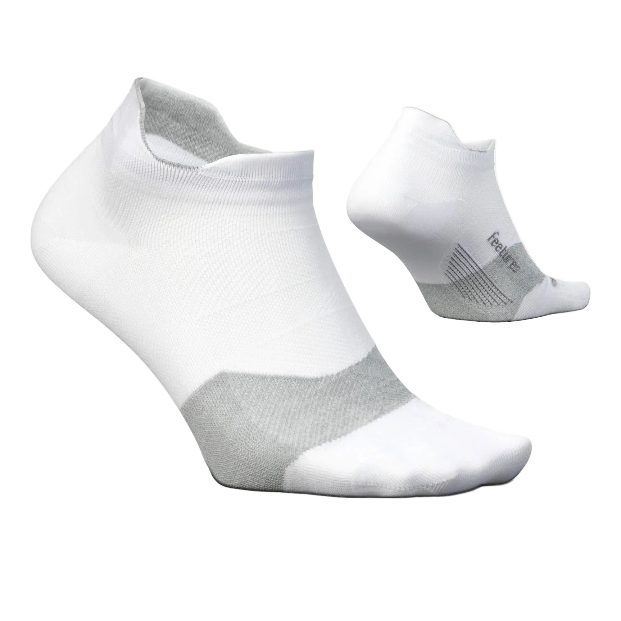 White ankle socks with gray accents on a light gray background
