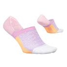 Pair of pink and purple socks with white soles on a light gray background