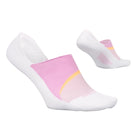 White socks with pink and yellow accents on a light gray background