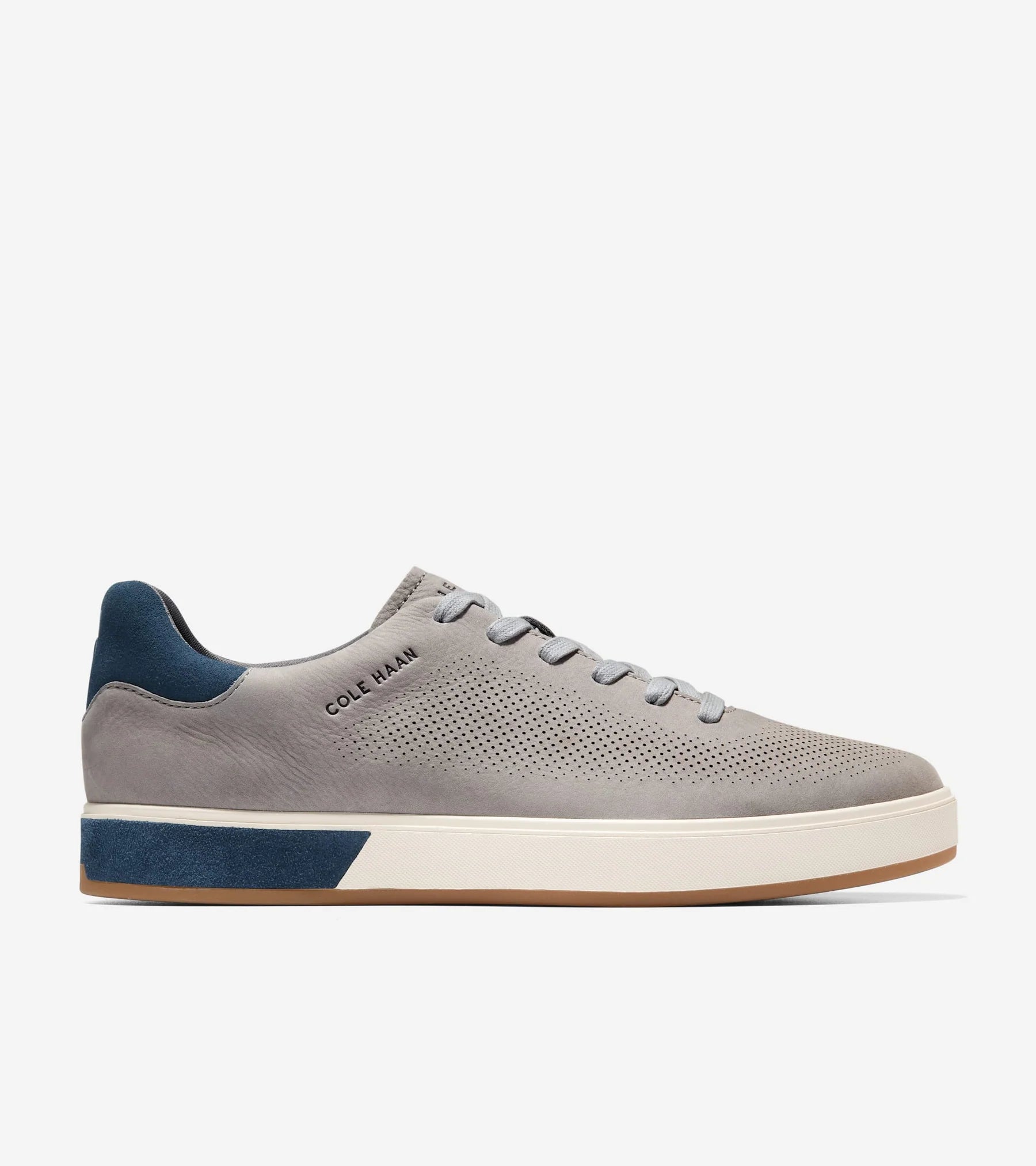 Gray sneaker with blue accents on a white background