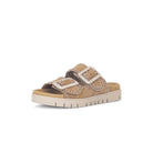 Tan sandal with double buckle on a white background