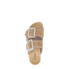 Tan sandal with buckles on a white background