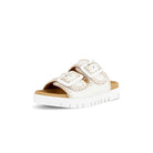 White sandal with raffia details on a white background