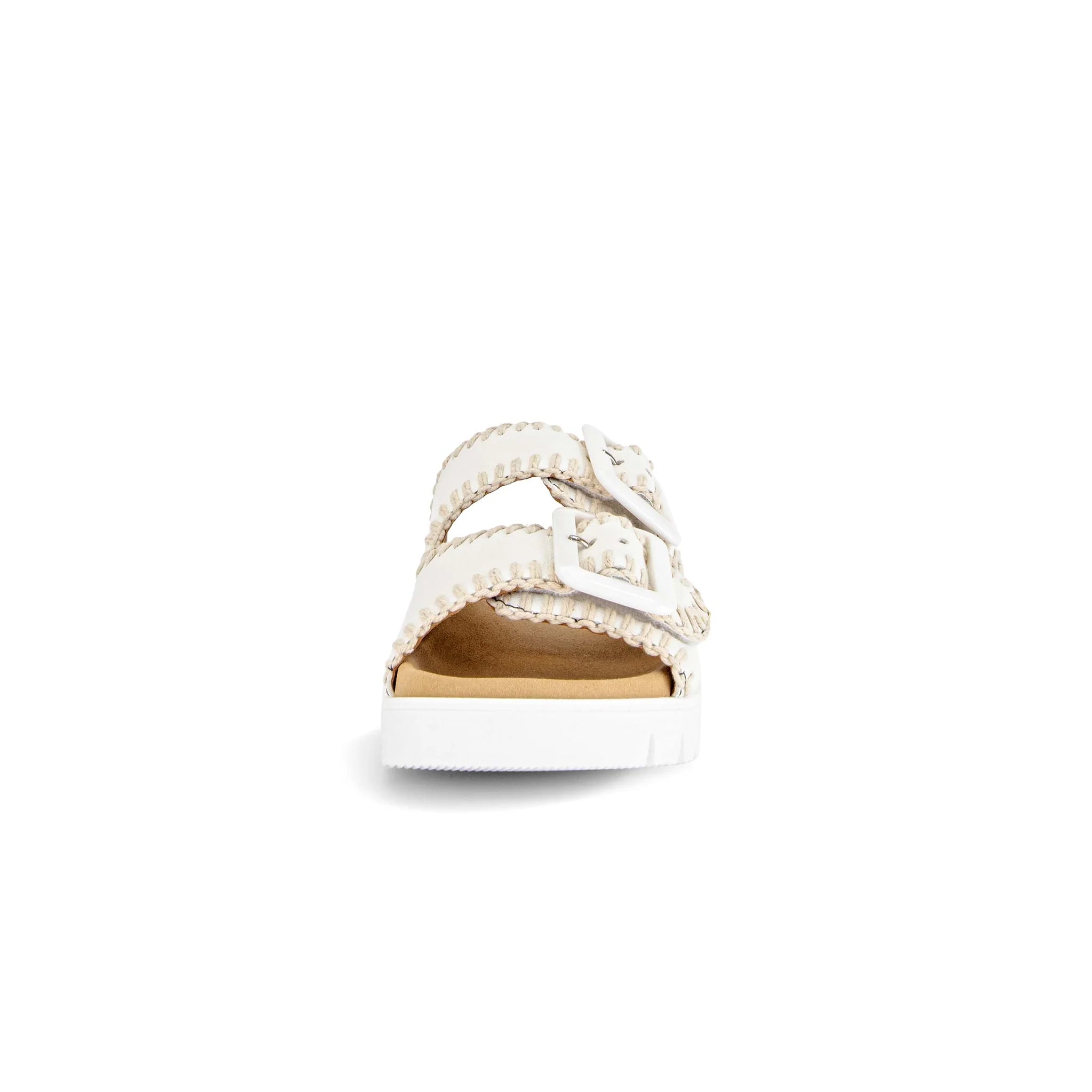 White sandal with lace details on a white background