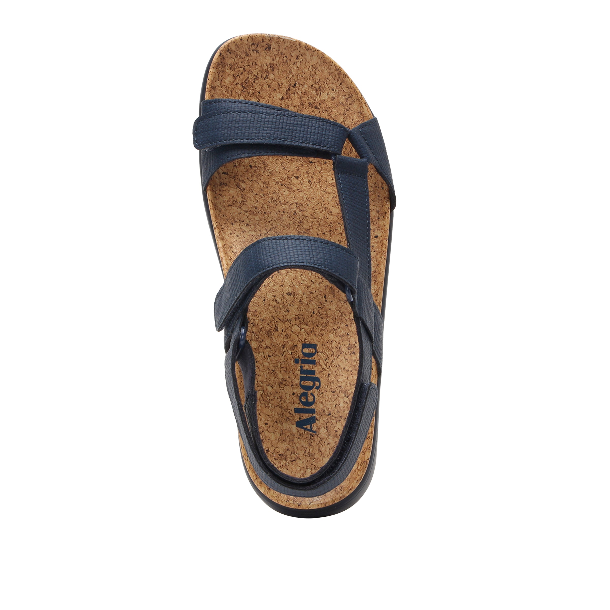 Navy sandal with cork sole on a white background