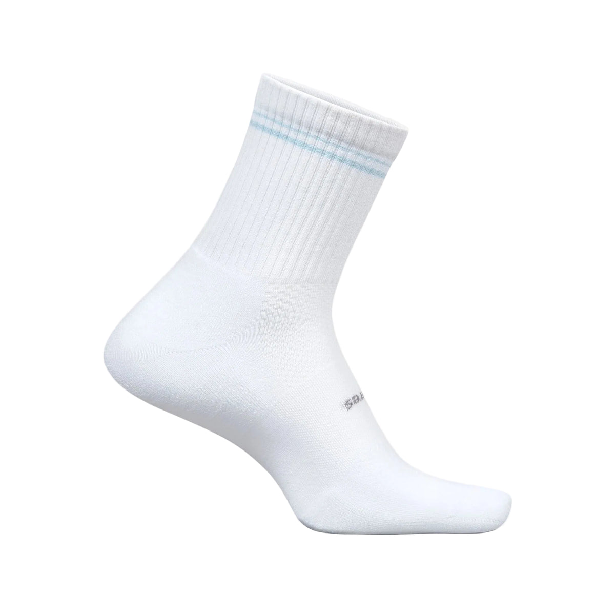 White sock with a light blue stripe on a beige background