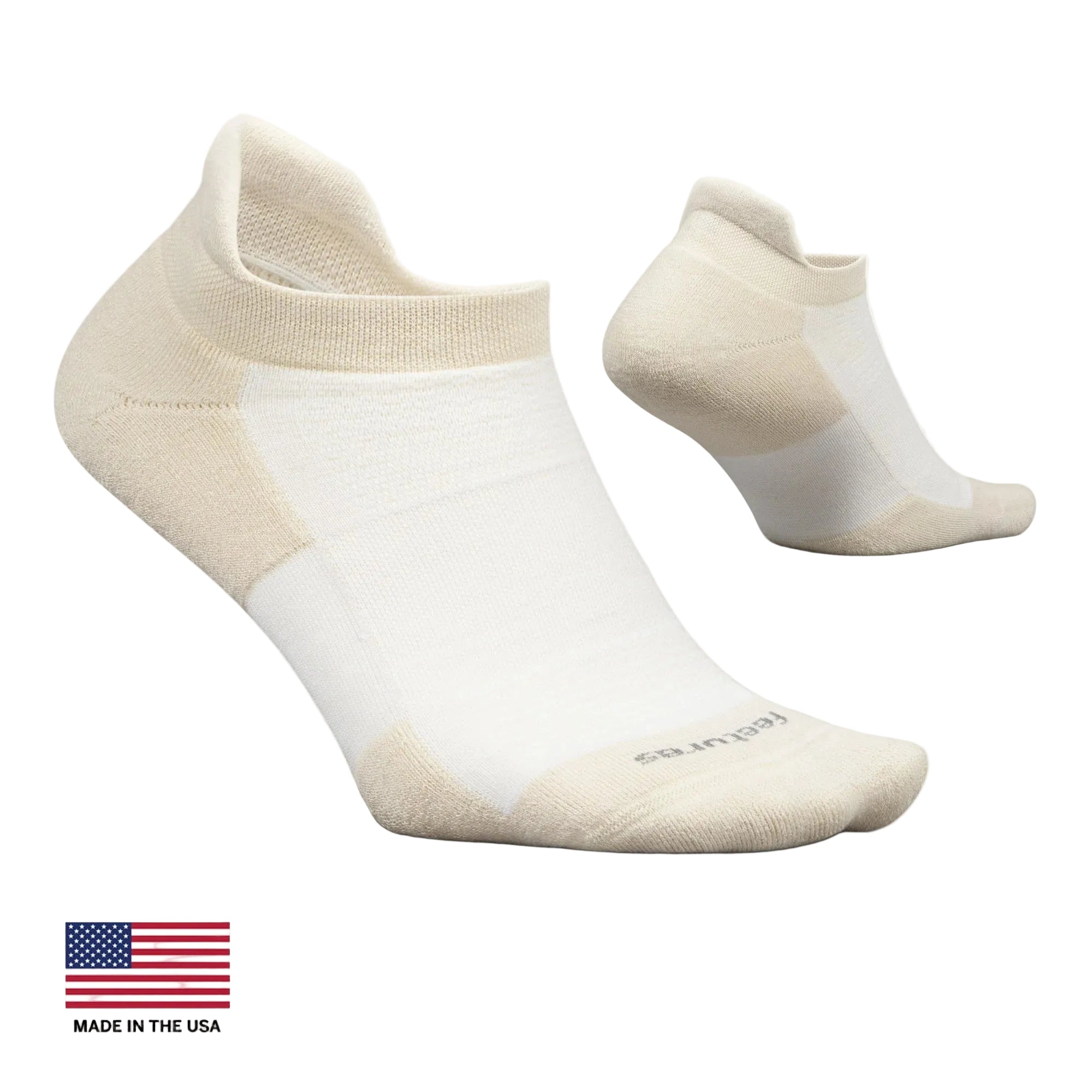 White and beige ankle socks with 'Made in USA' label on a white background