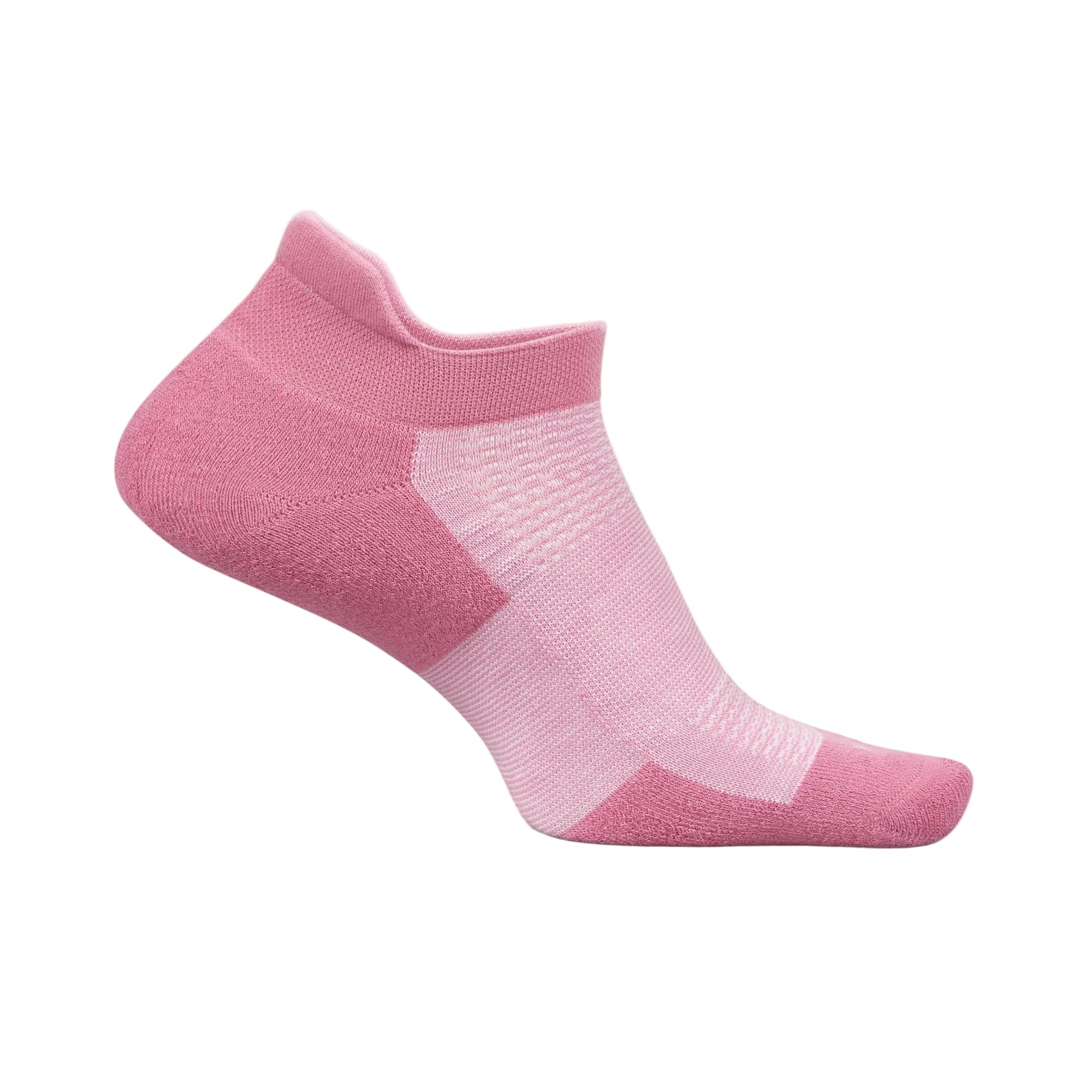 A single low-cut ankle sock in shades of pink, featuring a ribbed knit texture and a slightly lighter pink toe and arch support area, shown against a light off-white background.