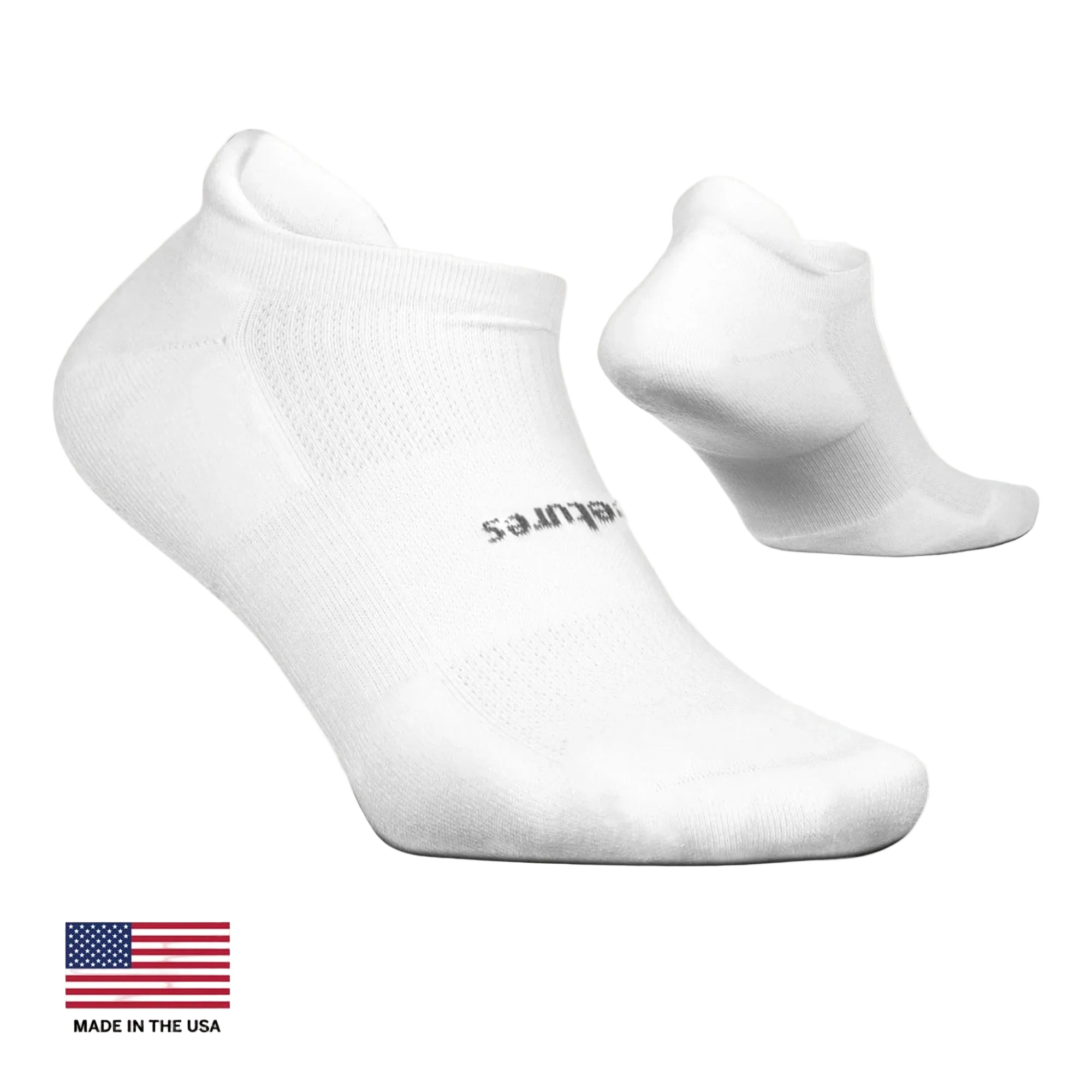 Two white socks with a brand logo on a light gray background, featuring 'Made in the USA' text.