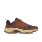 Merrell brown and navy blue hiking shoe with a beige and brown sole, shown in a side profile on a white background.