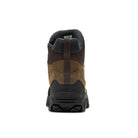 A single mid-cut hiking boot shown from the rear on a plain white background. The boot features brown suede and dark gray synthetic panels, a dark brown heel pull tab, and a thick black rubber sole.