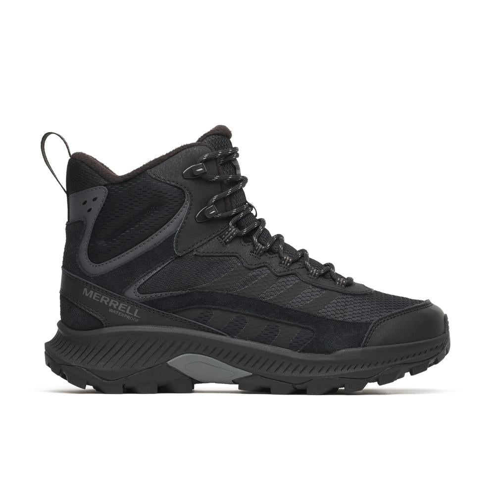 A black Merrell mid-cut hiking boot shown from the side against a plain white background.