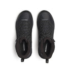 A pair of black Merrell mid-height hiking boots shown from a top-down view on a white background.