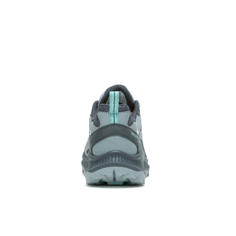 Back view of a gray and teal athletic shoe on a white background