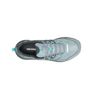 Gray athletic shoe with teal accents on a white background