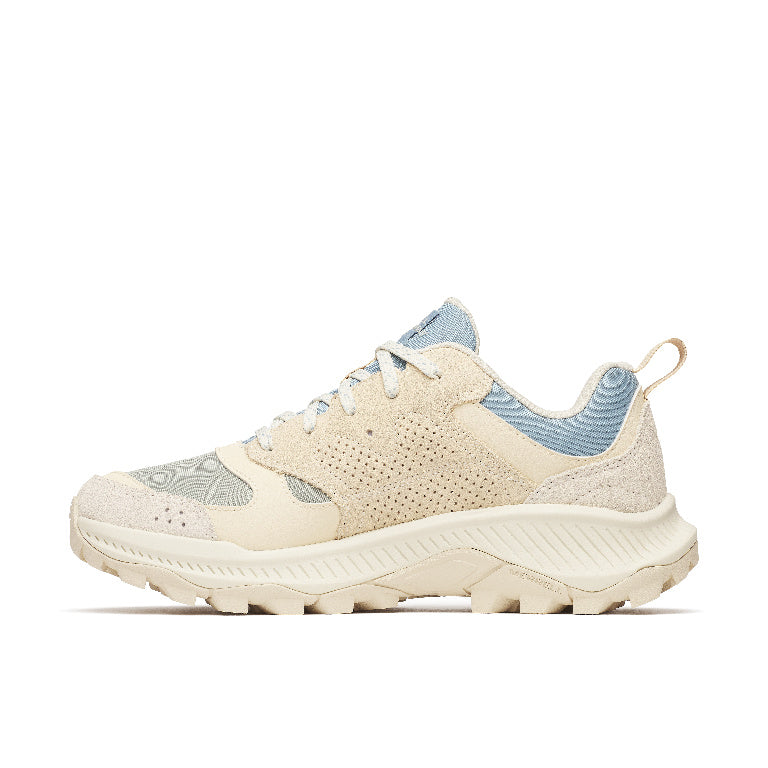 Beige sneaker with blue accents on a white background
