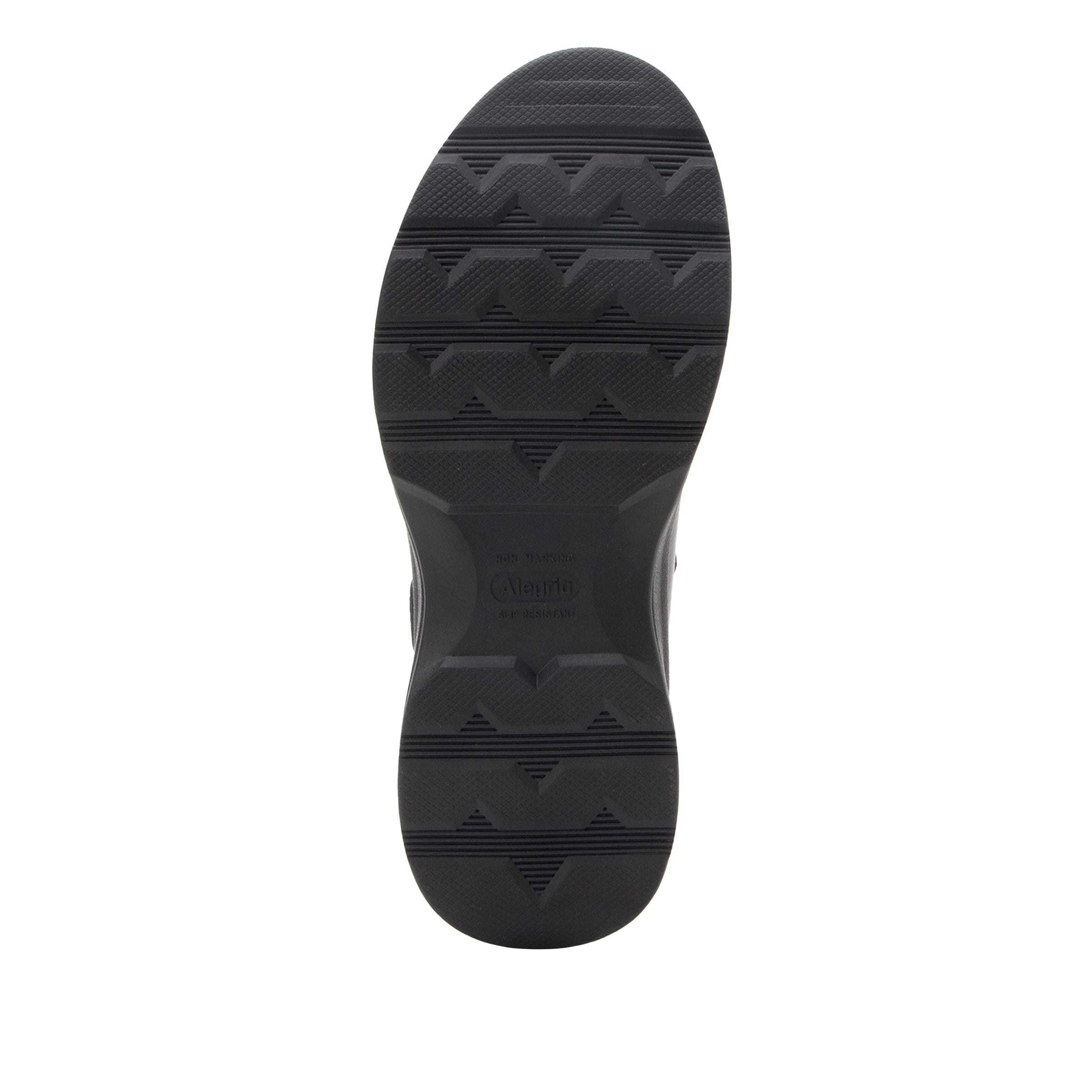 A top-down view of a black shoe sole with textured tread patterns and a debossed brand logo that reads 'K-Swiss'.
