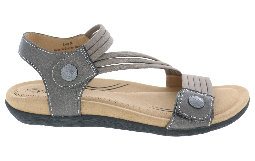 Gray sandal with a tan insole on a white background
