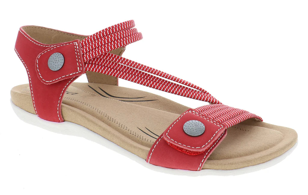 Red sandal with a beige sole on a white background