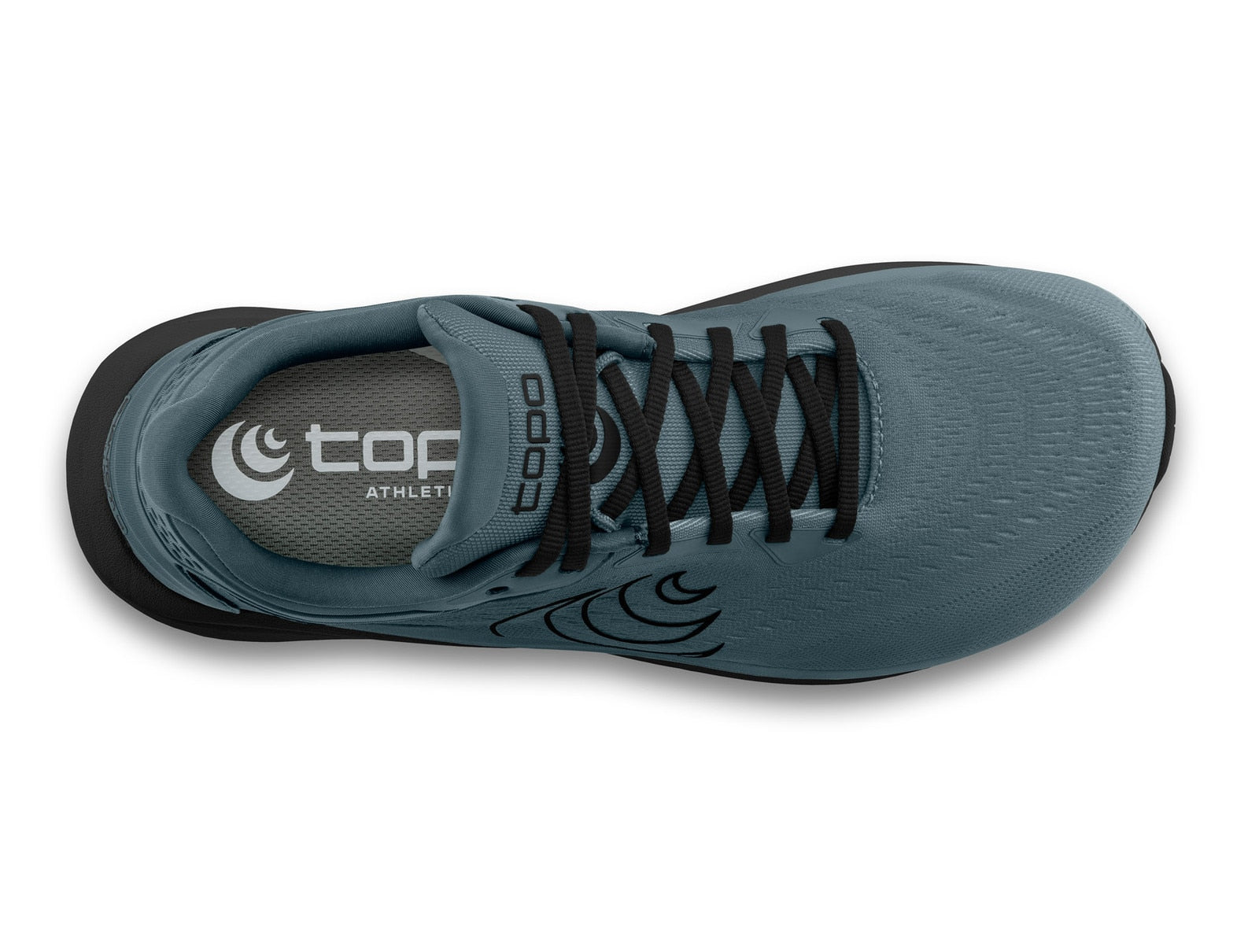 Blue athletic shoe with laces on a white background