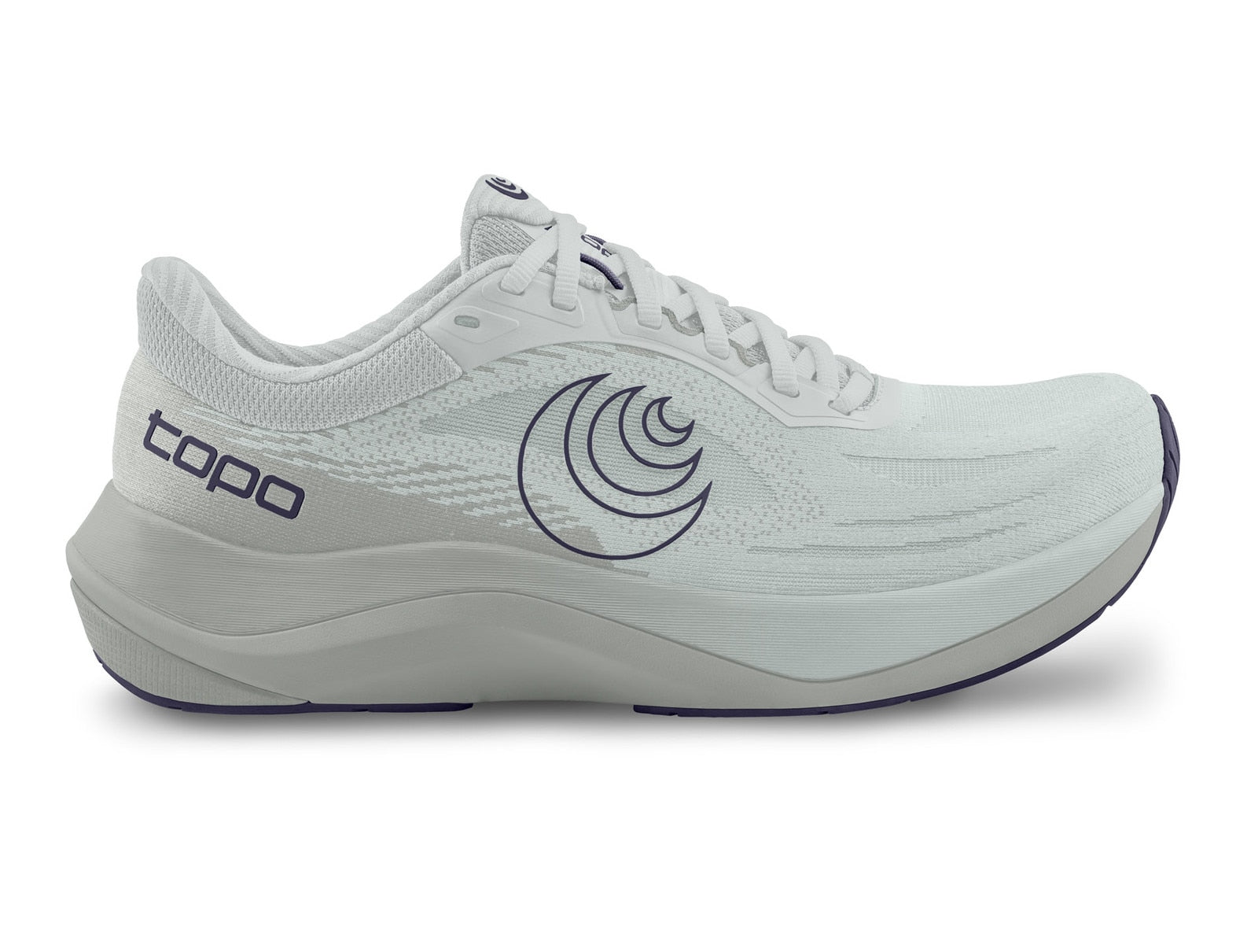 White running shoe with 'topo' branding on a white background