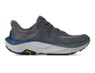 Gray running shoe with blue sole on a white background