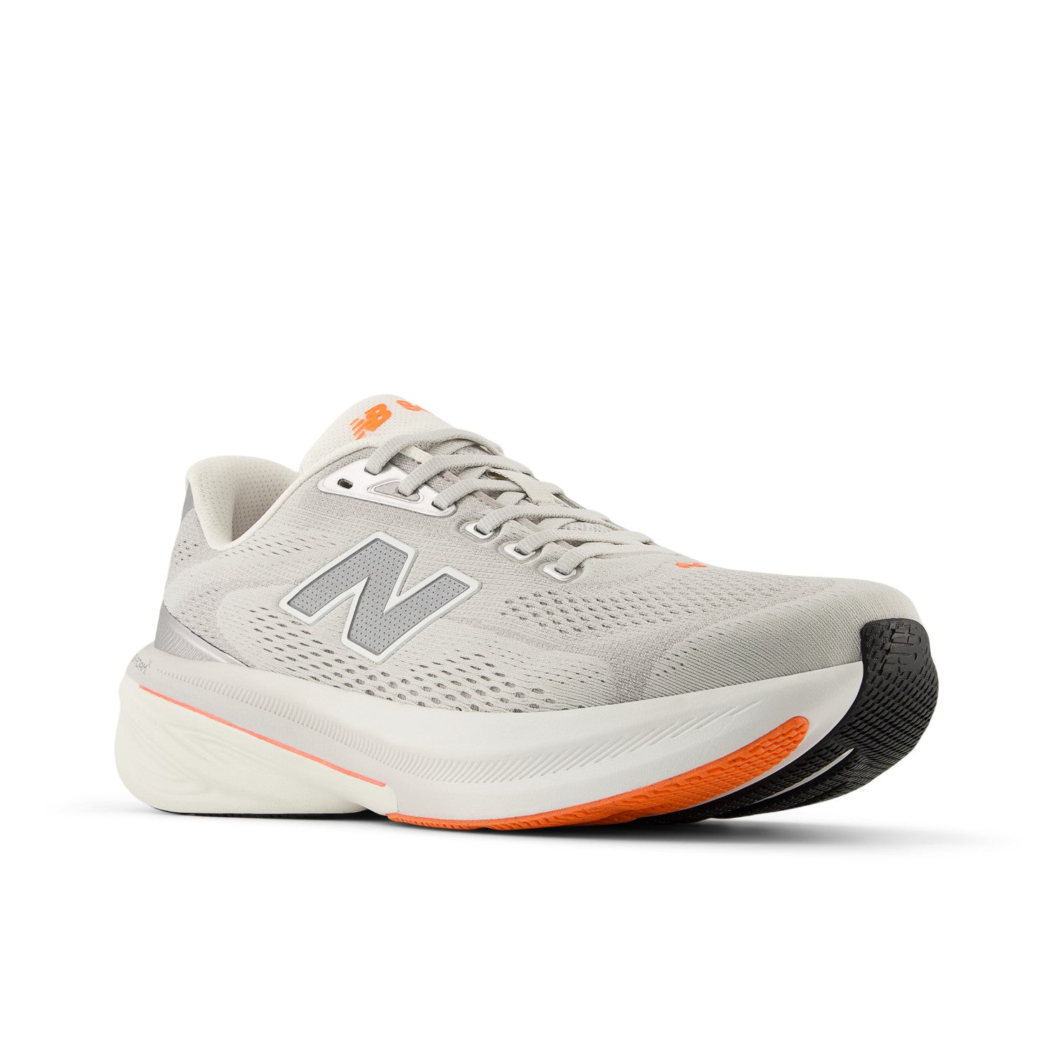 Gray running shoe with orange accents on a white background