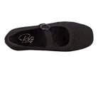 Black ballet flat shoe with a strap on a white background