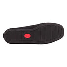 Black shoe sole with a red logo on a white background