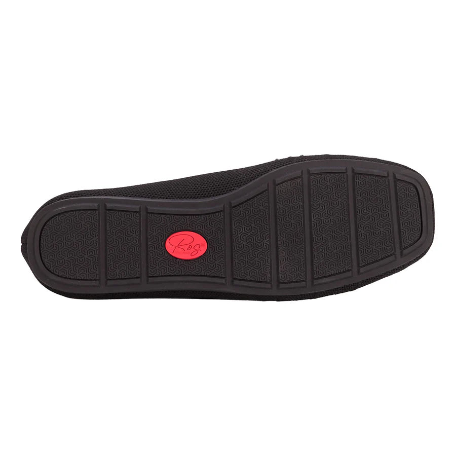 Black shoe sole with a red logo on a white background