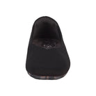 Black slip-on shoe on a white background
