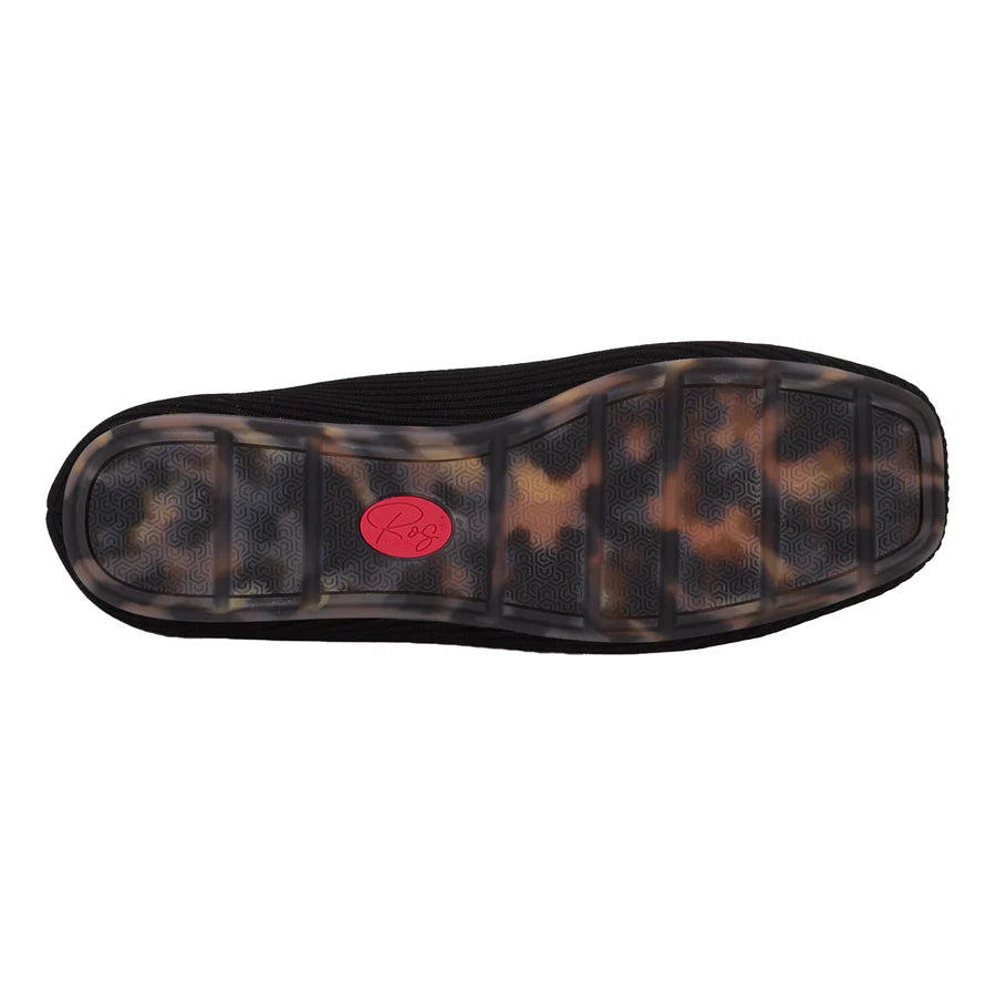 Tortoiseshell-patterned shoe sole with a red logo on a white background