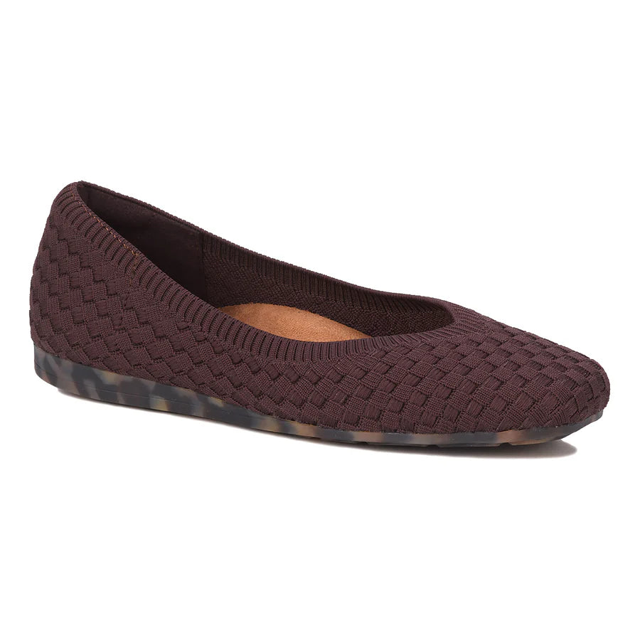 Brown woven flat shoe on a white background