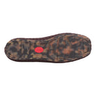 Brown shoe sole with a red logo on a white background