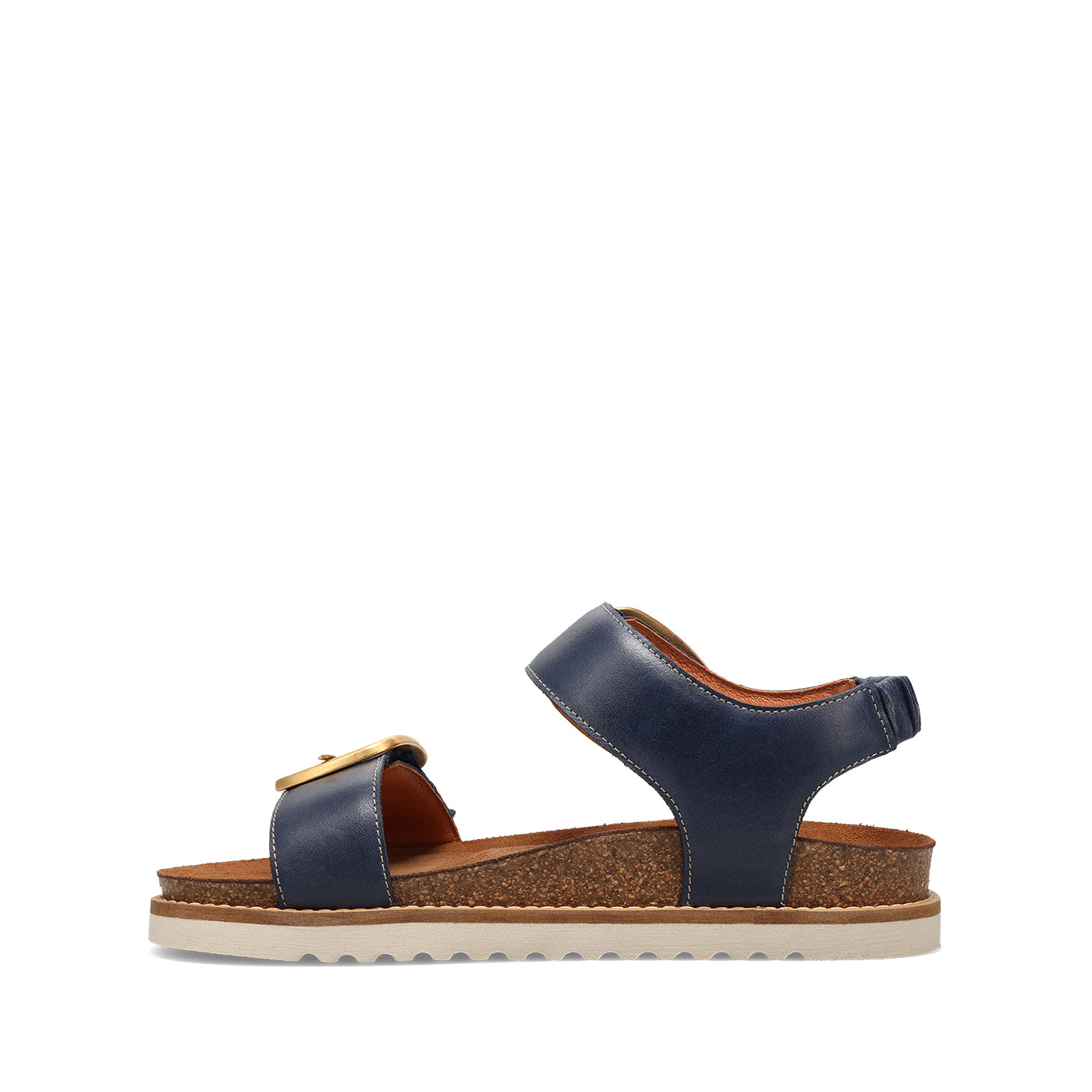 Navy sandal with cork sole on a white background