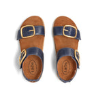 Pair of sandals with blue straps and gold buckles on a white background