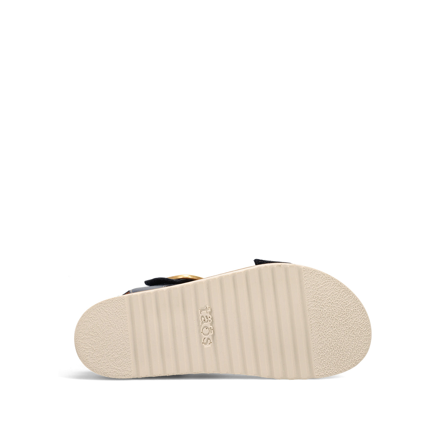 Beige sandal sole with brand logo on a white background