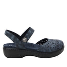 Navy blue sandal with a platform sole on a white background