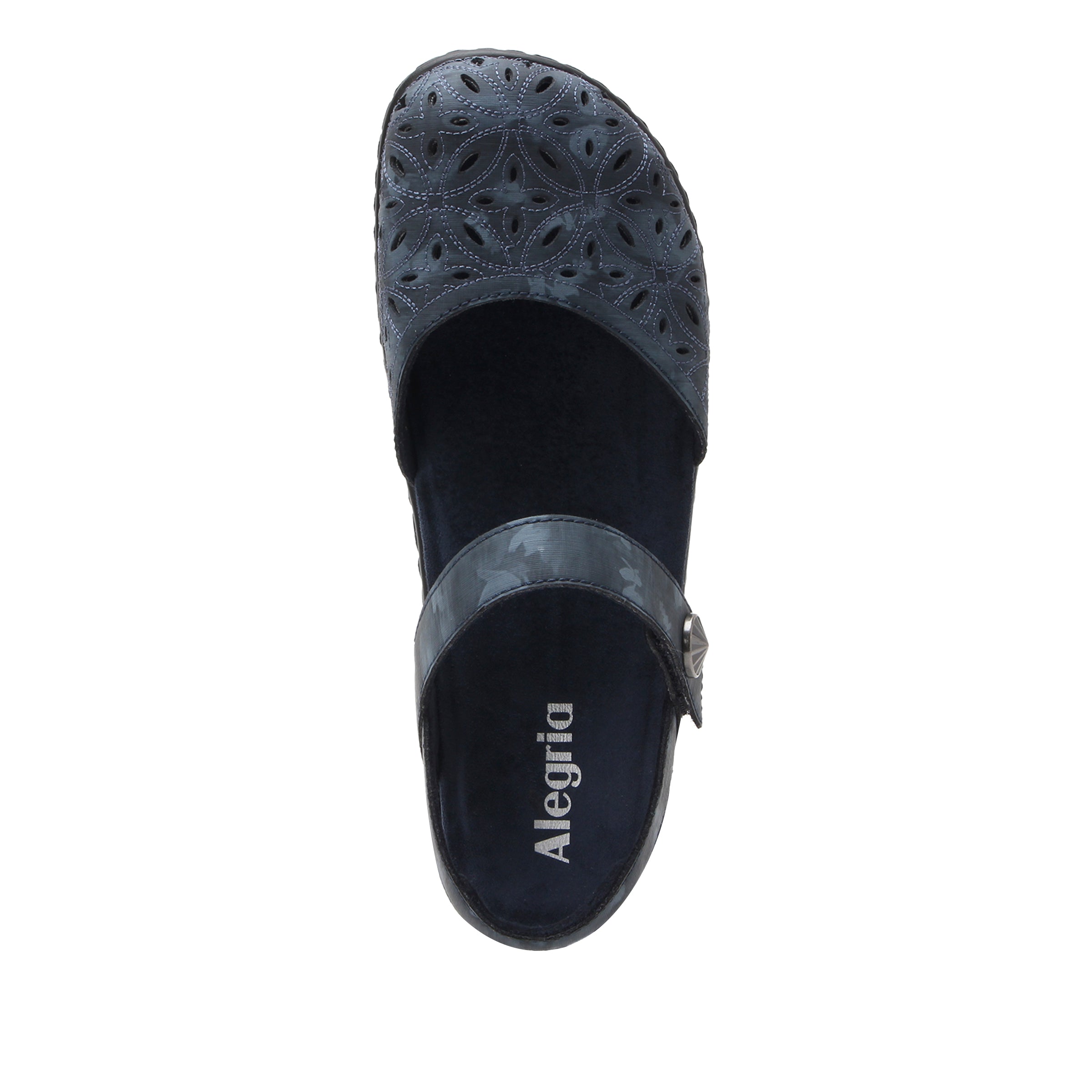 Black sandal with cut-out design on a white background