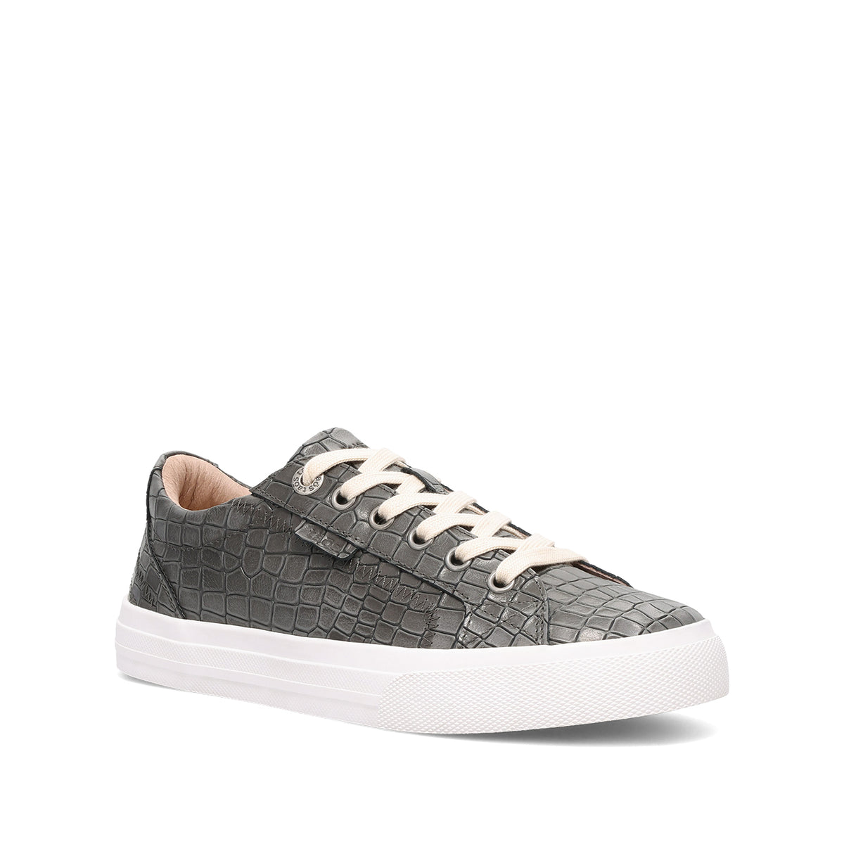A low-top sneaker featuring a textured gray crocodile-embossed leather upper, cream-colored laces, and a thick white rubber sole, shown against a plain white background.