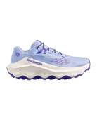 Blue and white Salomon running shoe on a white background