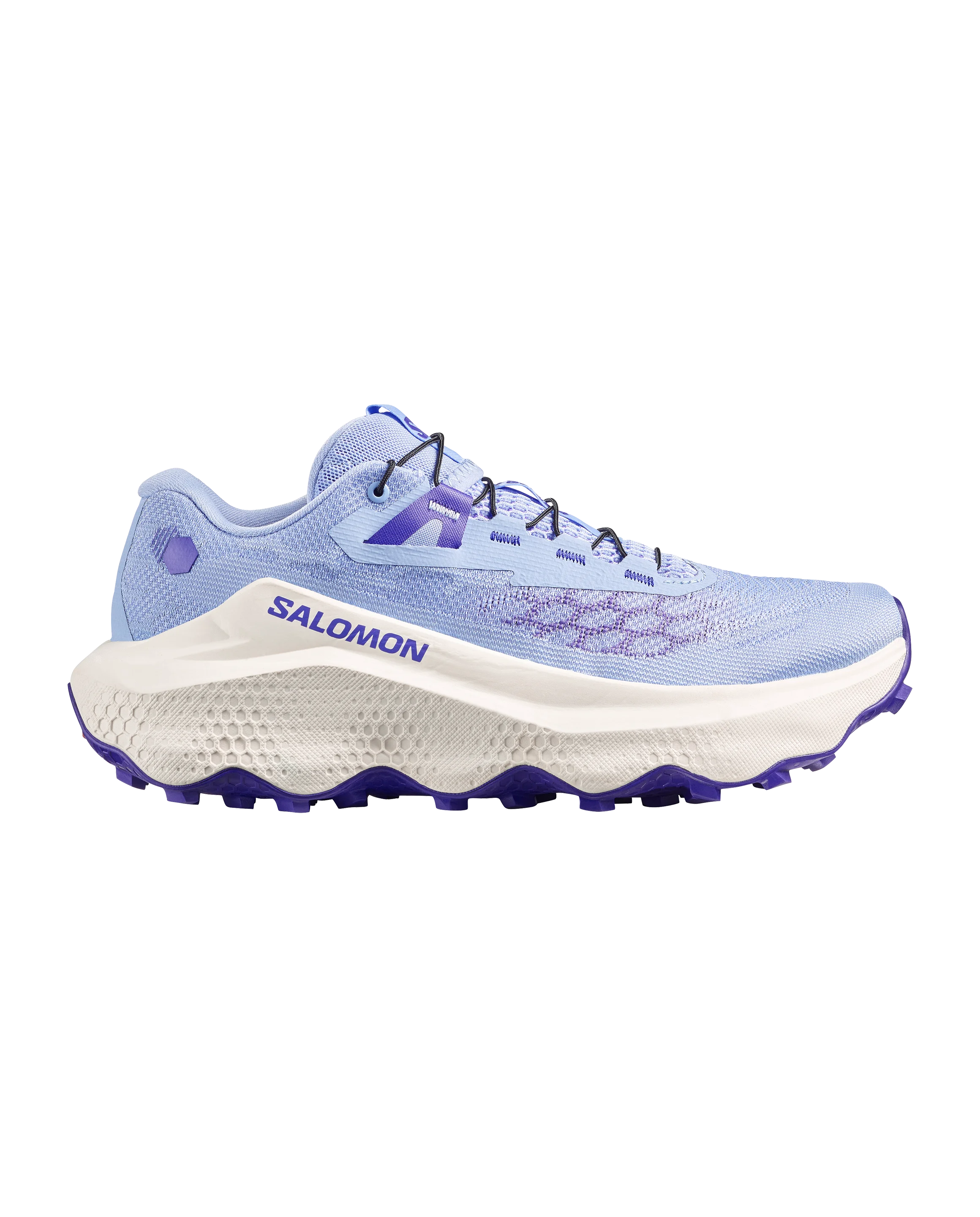 Blue and white Salomon running shoe on a white background
