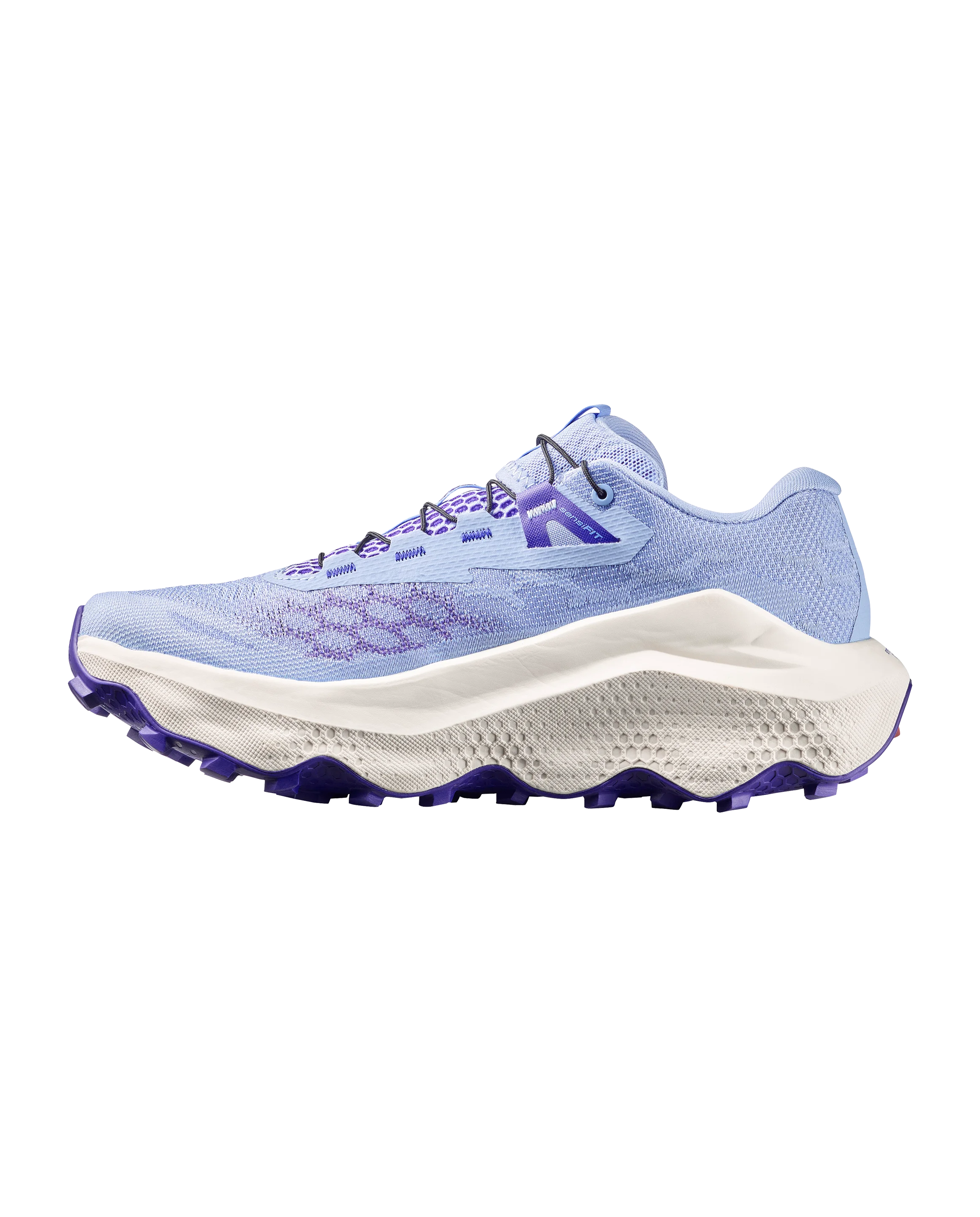 Blue and white athletic shoe on a white background