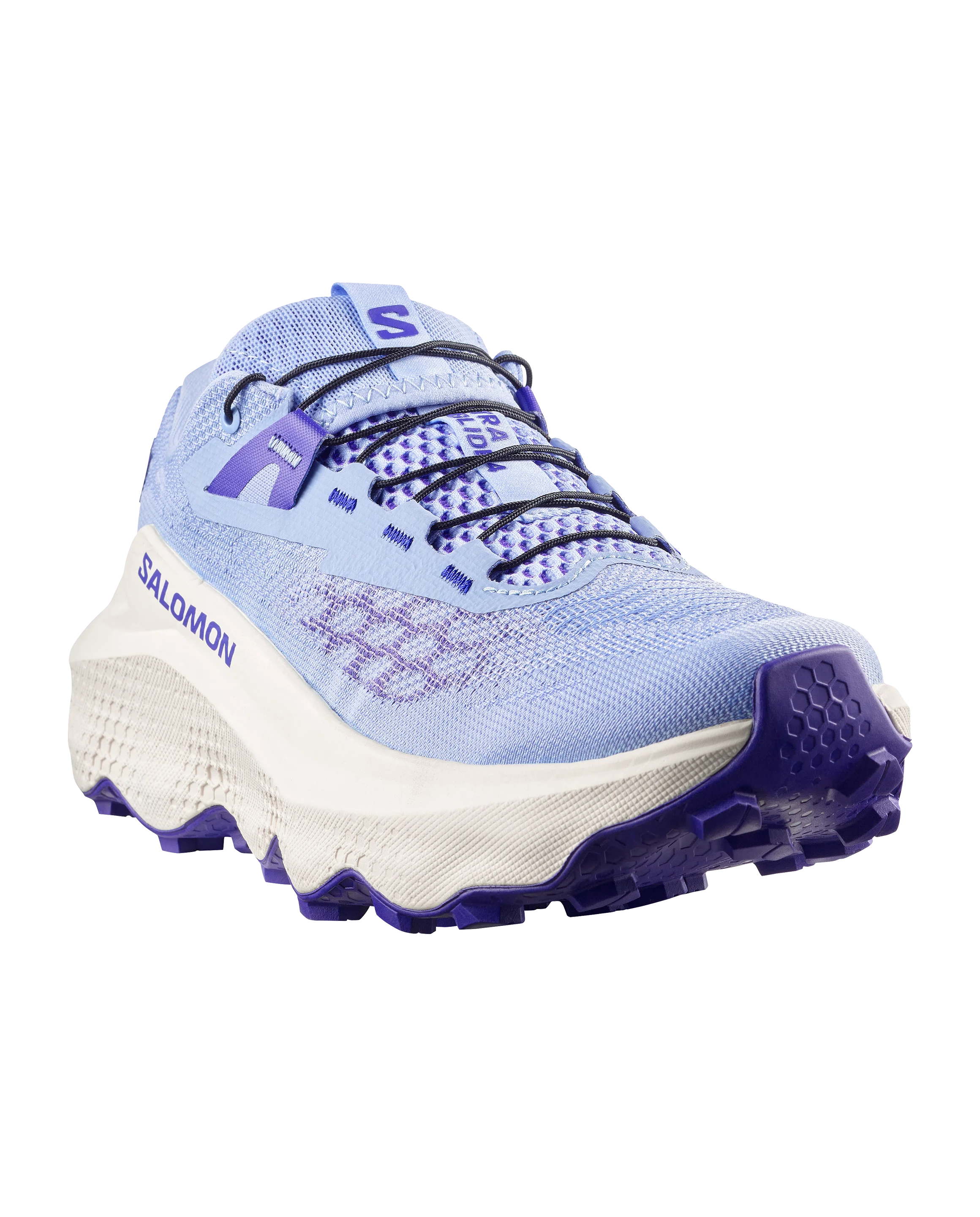 Blue and purple Salomon running shoe on a white background