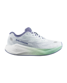A Salomon running shoe in white with purple accents on the tongue, collar, and branding, and a mint green translucent accent on the midsole outsole, shown against a plain white background.