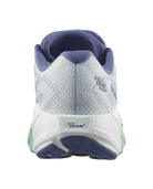 A close-up rear view of a running shoe showing the heel counter, textured knit upper, white and light blue midsole, and a light green outsole edge, on a white background.
